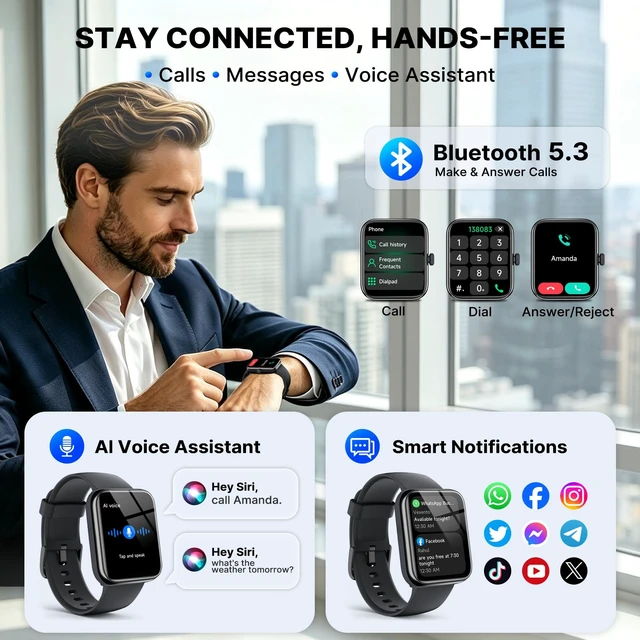 Alt view image 3 of 7 - 2026 Smart Watch for Men Women, GPS, 3ATM Waterproof, AI Voice Assistant 1.85" Fitness Tracker,100 Sports Modes incl. Swimming, Heart Rate, SpO2, Sleep & Stress, Bluetooth Calls for Android iOS
