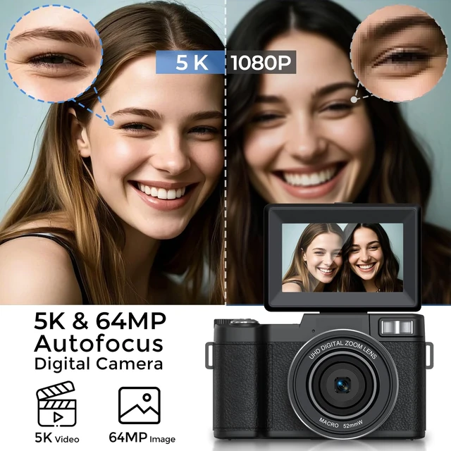 Alt view image 2 of 7 - 5K Digital Camera for Photography with WiFi, Flip Screen 64MP Vlogging Camera for YouTube, Auto-Focus, Slow Motion, Selftimer, Webcam, with Selfie Light, Desktop Tripod, Batteries