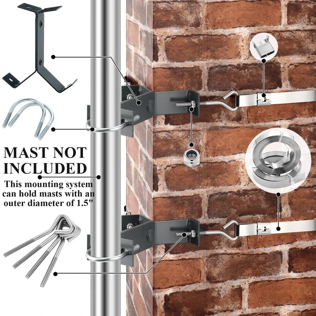 Alt view image 3 of 7 - 2 Set Antenna Chimney Y-Mount Kit, 18ft Galvanized Strap, 4 Inch Pole Heavy Duty Standoff Bracket, Y-mount Design for Mast Wall, for CB Ham Radio Weather Station Outdoor Use