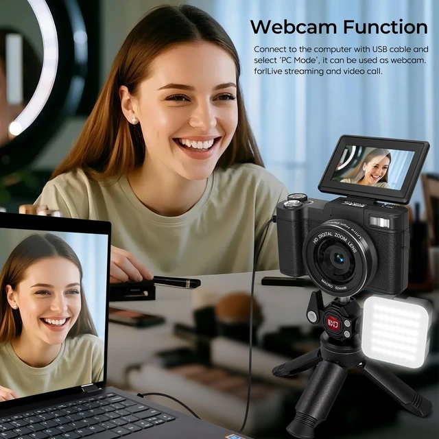 Alt view image 5 of 7 - 5K Digital Camera for Photography with WiFi, Flip Screen 64MP Vlogging Camera for YouTube, Auto-Focus, Slow Motion, Selftimer, Webcam, with Selfie Light, Desktop Tripod, Batteries