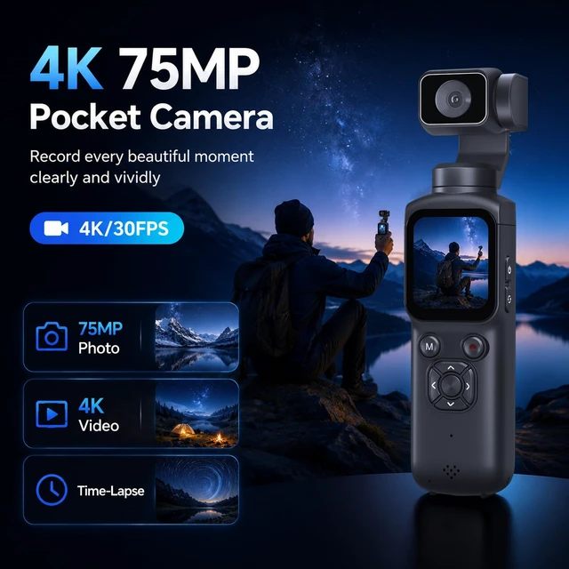Alt view image 2 of 7 - 4K Vlogging Camera for Youtube,75MP Pocket Camera with Face Tracking(Gray) 330°Rotating Lens,1.72" Touch Screen,WIFI,4X Zoom,16GB TF Card & Tripod,Handheld Video Camera for Blogger Youtuber