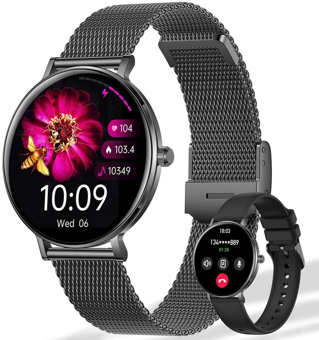 Main image of Women Diamond Smart Watch with Bluetooth Calling, 1.32'' AMOLED Round Screen Fitness Tracker, Sleep Monitor, Waterproof Sport Smartwatch for Android iOS (Black)