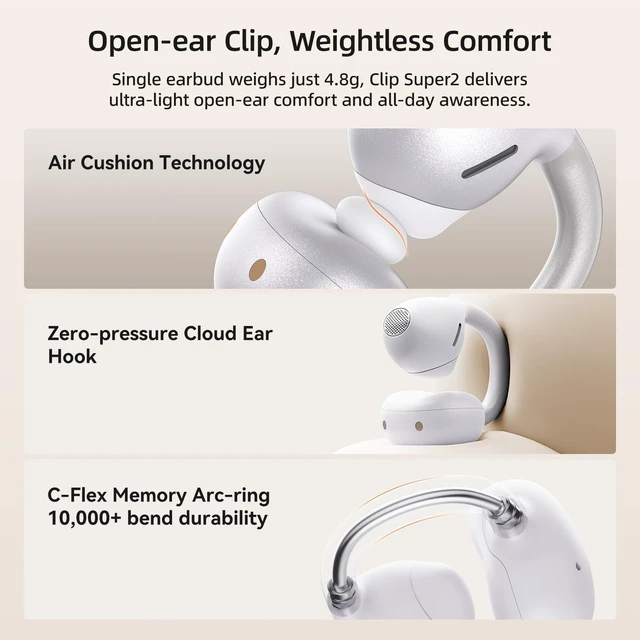 Alt view image 5 of 7 - Open Ear, Clip On Earbuds Clip Super2, Bluetooth 6.0, 30H Playtime Clip-on Headphones, Dual Device Connection, Touch Control, Type-C Charging, Secure Comfort for Running, Workout & Daily Use
