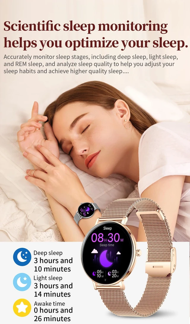 Alt view image 3 of 7 - Women Diamond Smart Watch with Bluetooth Calling, 1.32'' AMOLED Round Screen Fitness Tracker, Sleep Monitor, Waterproof Sport Smartwatch for Android iOS (Rose Gold)