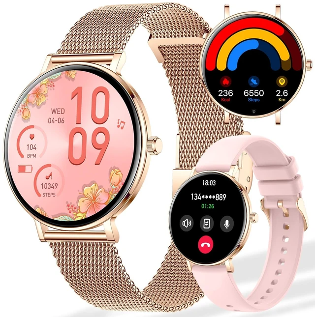 Main image of Women Diamond Smart Watch with Bluetooth Calling, 1.32'' AMOLED Round Screen Fitness Tracker, Sleep Monitor, Waterproof Sport Smartwatch for Android iOS (Rose Gold)