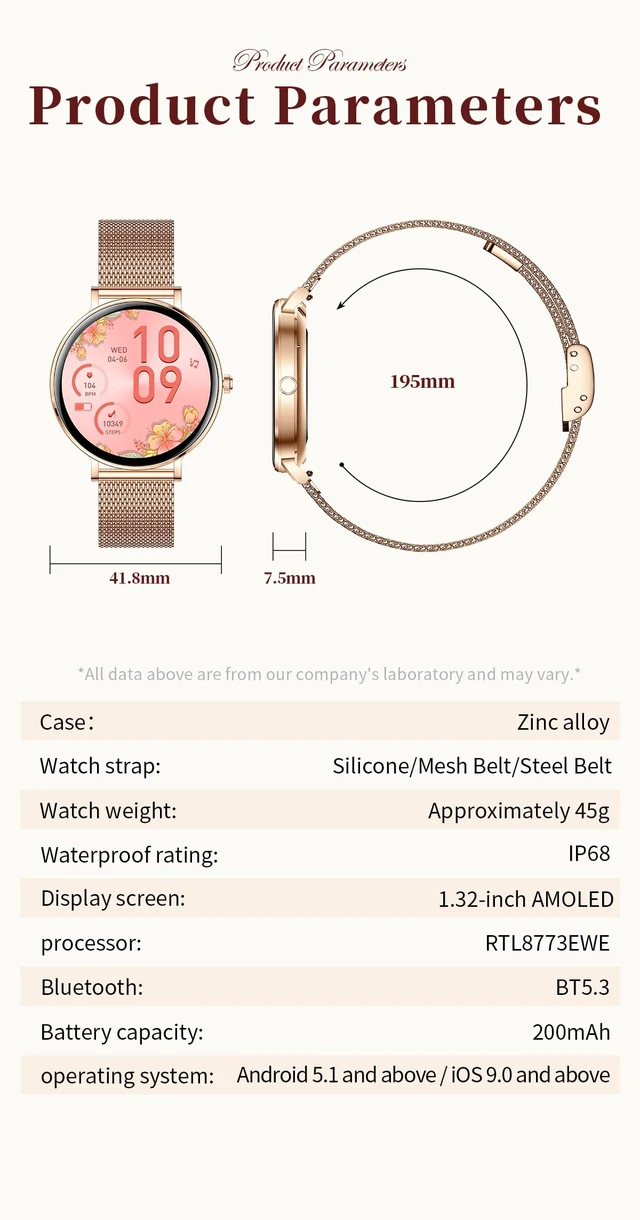 Alt view image 6 of 7 - Women Diamond Smart Watch with Bluetooth Calling, 1.32'' AMOLED Round Screen Fitness Tracker, Sleep Monitor, Waterproof Sport Smartwatch for Android iOS (Rose Gold)