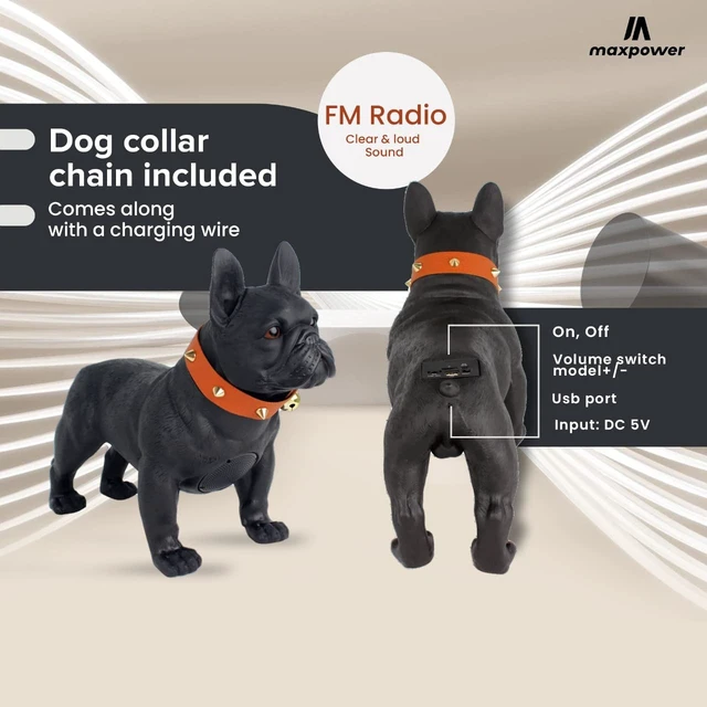 Alt view image 4 of 6 - Bulldog Style Bluetooth Speaker, Dog Collar Chain, Black, MD568 FM Radio Built In, Rechargeable Battery, DC 5V Input, Novelty Gift Idea, Desk or Shelf Display, Loud Playback