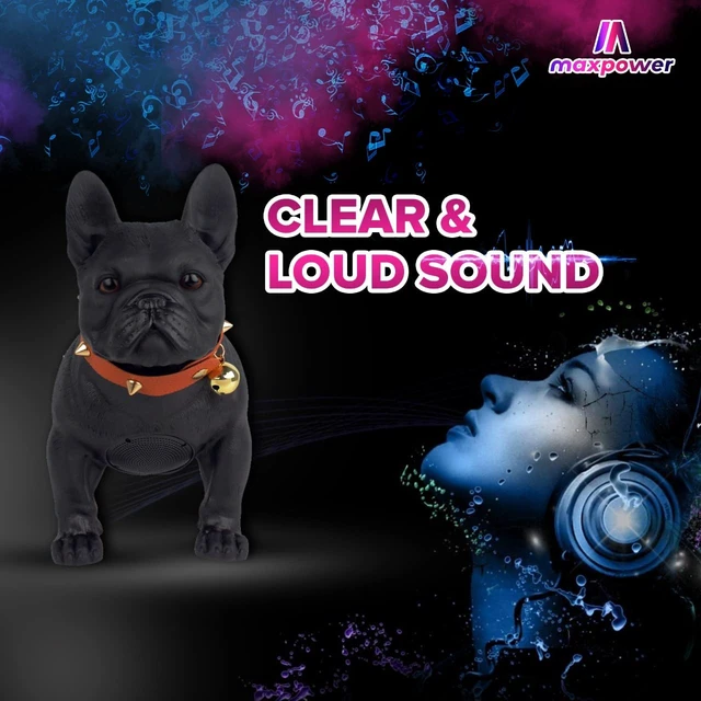 Alt view image 5 of 6 - Bulldog Style Bluetooth Speaker, Dog Collar Chain, Black, MD568 FM Radio Built In, Rechargeable Battery, DC 5V Input, Novelty Gift Idea, Desk or Shelf Display, Loud Playback