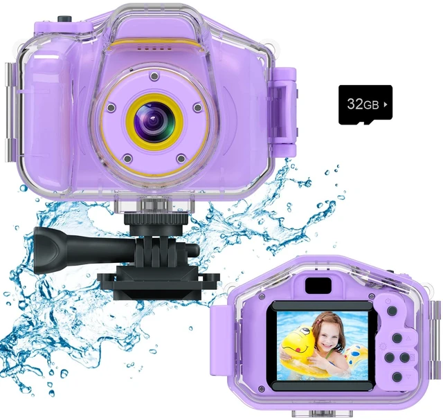 Main image of Kids Waterproof Camera, Underwater HD Digital Camcorder, Purple Mini Action Toys, Christmas Birthday Gifts for Toddler Boys Girls 3-12, Ideal for Summer Beach Pool Camp Travel, 32GB card