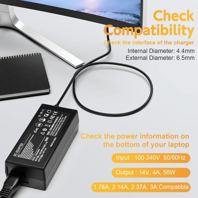 Alt view image 2 of 7 - 14V 4A Power Cord Compatible with Samsung Monitor S22C300H S23C350H S22C300H S24D590PL S24D390HL S27D590P S27D360H S27D390H CF591, 32" 27" 24" 22" 23" 20" 19" 18" 17" 15" Monitor Power Supply