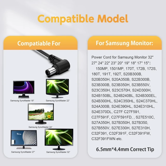 Alt view image 3 of 7 - 14V 4A Power Cord Compatible with Samsung Monitor S22C300H S23C350H S22C300H S24D590PL S24D390HL S27D590P S27D360H S27D390H CF591, 32" 27" 24" 22" 23" 20" 19" 18" 17" 15" Monitor Power Supply