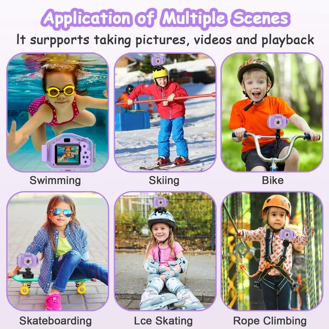 Alt view image 5 of 7 - Kids Waterproof Camera, Underwater HD Digital Camcorder, Purple Mini Action Toys, Christmas Birthday Gifts for Toddler Boys Girls 3-12, Ideal for Summer Beach Pool Camp Travel, 32GB card