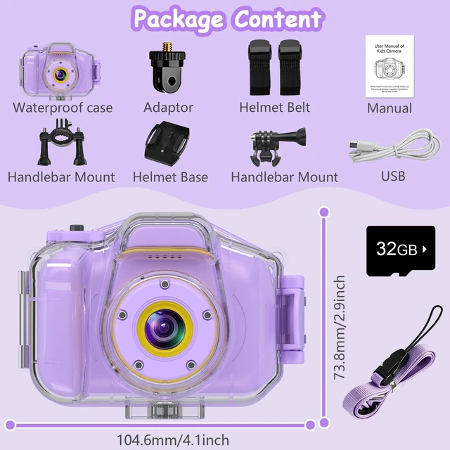 Alt view image 7 of 7 - Kids Waterproof Camera, Underwater HD Digital Camcorder, Purple Mini Action Toys, Christmas Birthday Gifts for Toddler Boys Girls 3-12, Ideal for Summer Beach Pool Camp Travel, 32GB card