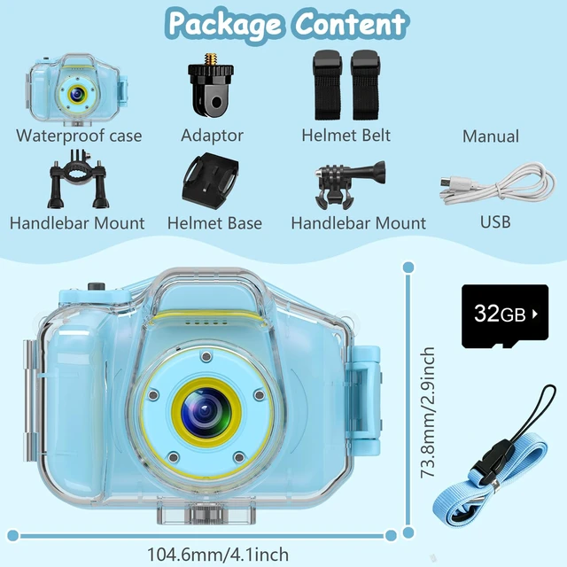 Alt view image 7 of 7 - Kids Waterproof Camera, Underwater HD Digital Camcorder, Blue Mini Action Toys, Christmas Birthday Gifts for Toddler Boys Girls 3-12, Ideal for Summer Beach Pool Camp Travel, 32GB card
