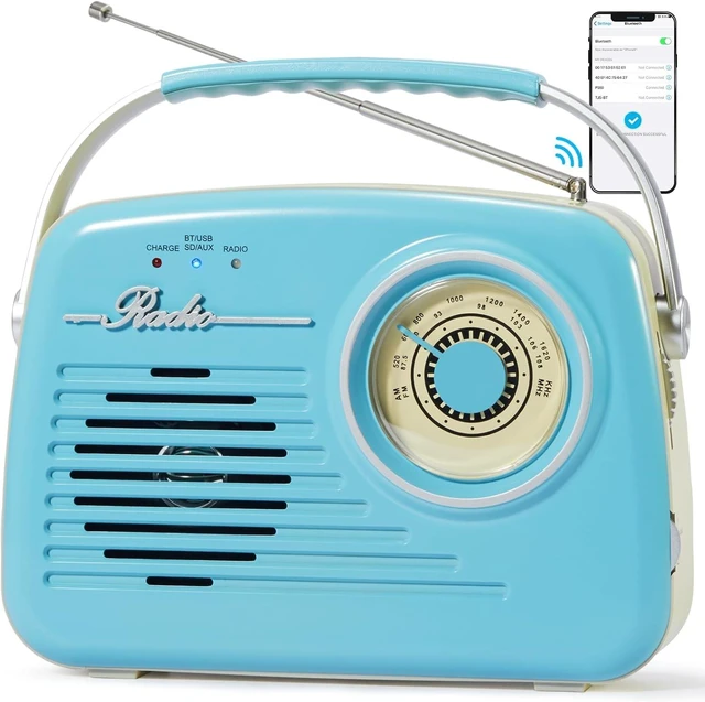 Main image of Retro Radios Portable AM FM, Battery Powered, Vintage Radio with Bluetooth, Easy to Use Large Dial for Home/Outdoor/Kitchen (Blue)