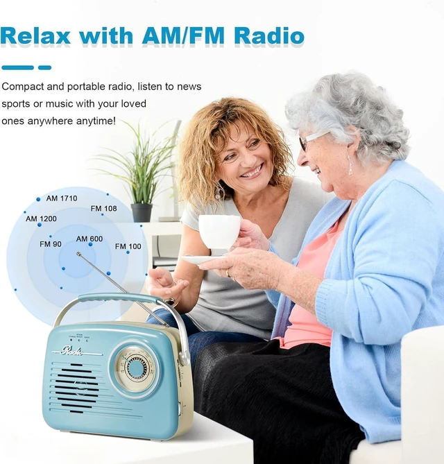 Alt view image 2 of 7 - Retro Radios Portable AM FM, Battery Powered, Vintage Radio with Bluetooth, Easy to Use Large Dial for Home/Outdoor/Kitchen (Blue)