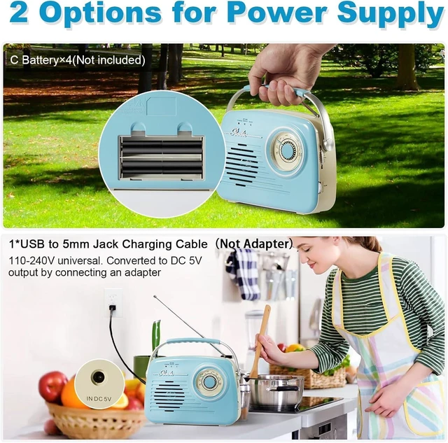 Alt view image 3 of 7 - Retro Radios Portable AM FM, Battery Powered, Vintage Radio with Bluetooth, Easy to Use Large Dial for Home/Outdoor/Kitchen (Blue)