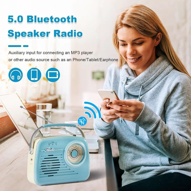 Alt view image 4 of 7 - Retro Radios Portable AM FM, Battery Powered, Vintage Radio with Bluetooth, Easy to Use Large Dial for Home/Outdoor/Kitchen (Blue)