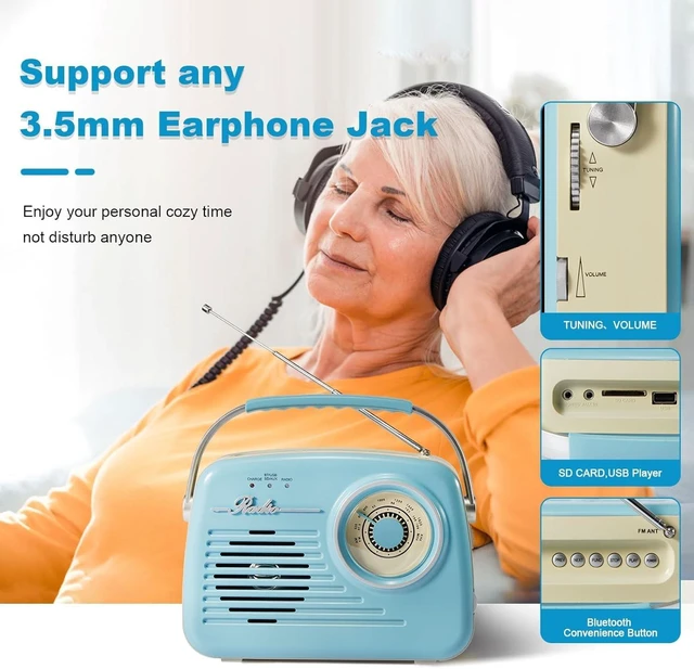 Alt view image 7 of 7 - Retro Radios Portable AM FM, Battery Powered, Vintage Radio with Bluetooth, Easy to Use Large Dial for Home/Outdoor/Kitchen (Blue)