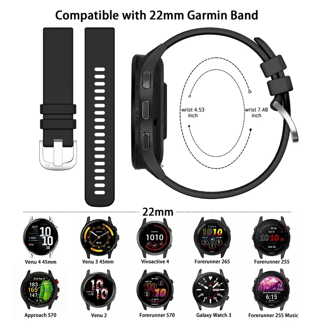 Alt view image 4 of 7 - 22mm Silicone Band Compatible with Venu 4 45mm/Venu 3/Venu 2, Soft Waterproof Sports Replacement Strap for Vivoactive 4/Forerunner 265/255/745 for Men Women