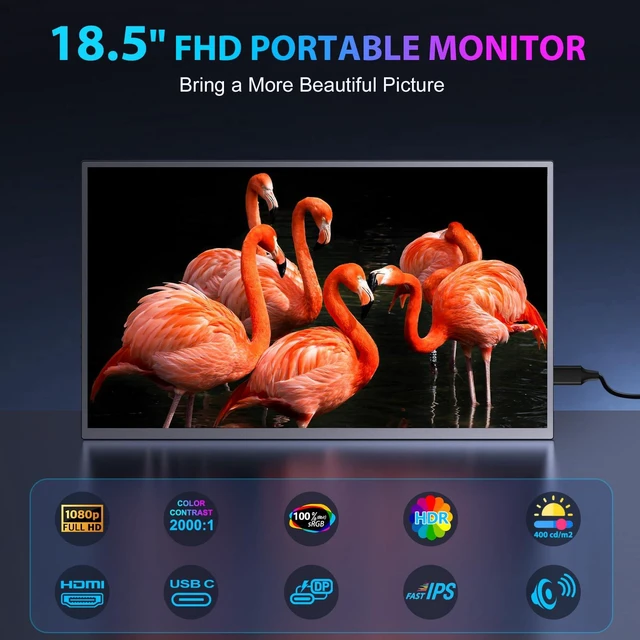 Alt view image 2 of 7 - 18.5 Inch Portable Monitor for Laptop, FHD 1080P 100% sRGB Travel Monitors for Laptop, Portable Computer IPS Display w/VESA, External Monitor USB-C HDR HDMI Portable Screen w/Smart Cover & Speakers