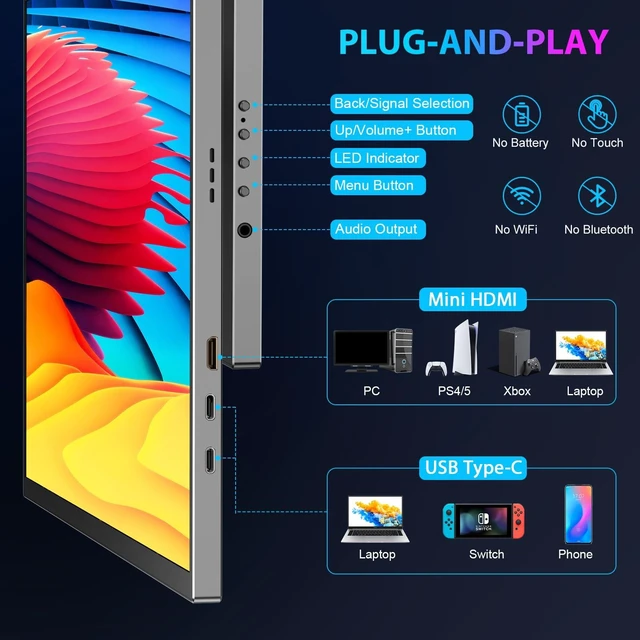 Alt view image 4 of 7 - 18.5 Inch Portable Monitor for Laptop, FHD 1080P 100% sRGB Travel Monitors for Laptop, Portable Computer IPS Display w/VESA, External Monitor USB-C HDR HDMI Portable Screen w/Smart Cover & Speakers