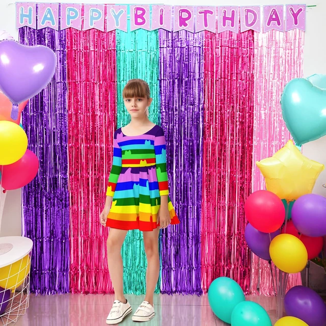 Alt view image 7 of 7 - Cute Dollhouse Birthday Decorations, 4 Pack Dollhouse Party Photo Booth Prop, Purple Pink Teal Fringe Curtains Tinsel Photo Streamers Backdrop for Cat Doll House Party Supplies