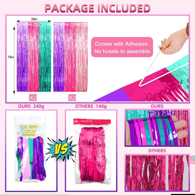 Alt view image 4 of 7 - Cute Dollhouse Birthday Decorations, 4 Pack Dollhouse Party Photo Booth Prop, Purple Pink Teal Fringe Curtains Tinsel Photo Streamers Backdrop for Cat Doll House Party Supplies