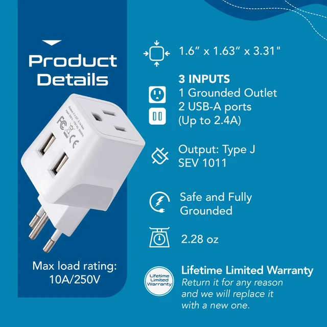 Alt view image 3 of 7 - Switzerland Travel Adapter Plug with Dual USB + Usa Input - Type J - Ultra Compact - Safe Grounded for Laptops, Cell Phones, Chargers, Camera and More (CTU-11A)