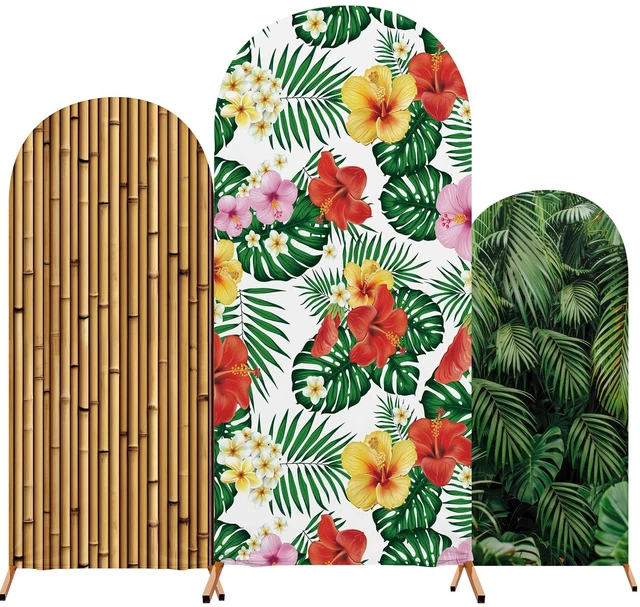 Main image of Set of 3 Hawaii Arch Backdrop Cover, Colorful, Floral, Bamboo Sizes 4ft 5ft 6ft for Stands, Princess Beach Party Decorations, Fitted Spandex Stretch Fabric, Reusable Summer Setup