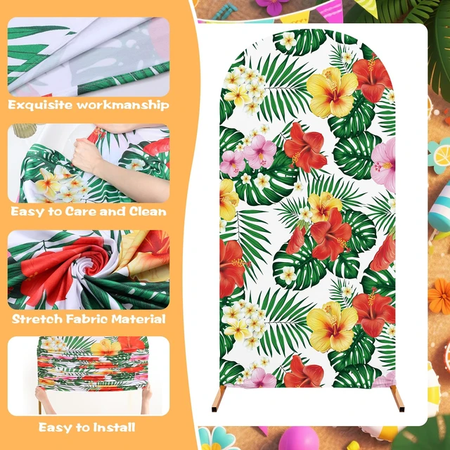 Alt view image 2 of 7 - Set of 3 Hawaii Arch Backdrop Cover, Colorful, Floral, Bamboo Sizes 4ft 5ft 6ft for Stands, Princess Beach Party Decorations, Fitted Spandex Stretch Fabric, Reusable Summer Setup