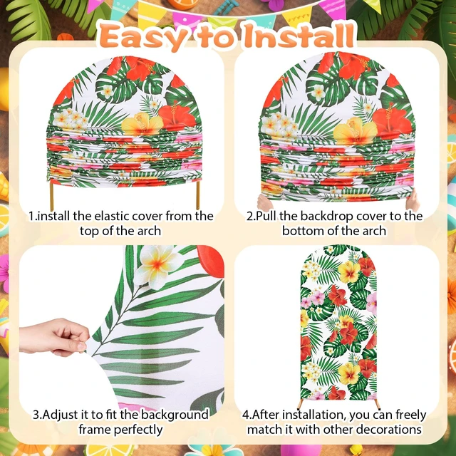 Alt view image 3 of 7 - Set of 3 Hawaii Arch Backdrop Cover, Colorful, Floral, Bamboo Sizes 4ft 5ft 6ft for Stands, Princess Beach Party Decorations, Fitted Spandex Stretch Fabric, Reusable Summer Setup