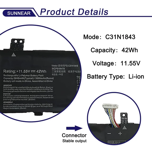 Alt view image 2 of 6 - 42Wh C31N1843 Battery for ASUS VivoBook S14 S432FA S432FL S15 S532FA 11.55V Battery Replacement for ASUS VivoBook S15 S532FA S532FL X432FA X432FL X432FLC X532FL X532FLC X532FA S432FA-EB008T