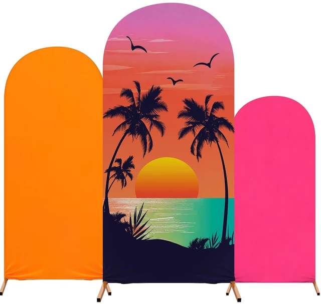 Main image of Set of 3 Hawaii Arch Backdrop Cover, Orange, Rose Red, Sunset Sizes 4ft 5ft 6ft for Stands, Princess Beach Party Decorations, Fitted Spandex Stretch Fabric, Reusable Summer Setup
