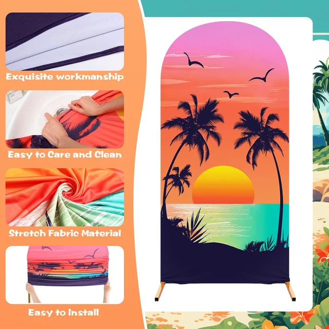 Alt view image 2 of 6 - Set of 3 Hawaii Arch Backdrop Cover, Orange, Rose Red, Sunset Sizes 4ft 5ft 6ft for Stands, Princess Beach Party Decorations, Fitted Spandex Stretch Fabric, Reusable Summer Setup