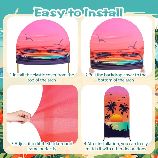Alt view image 3 of 6 - Set of 3 Hawaii Arch Backdrop Cover, Orange, Rose Red, Sunset Sizes 4ft 5ft 6ft for Stands, Princess Beach Party Decorations, Fitted Spandex Stretch Fabric, Reusable Summer Setup