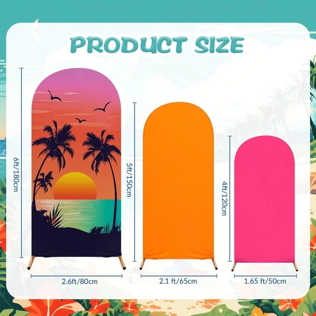 Alt view image 4 of 6 - Set of 3 Hawaii Arch Backdrop Cover, Orange, Rose Red, Sunset Sizes 4ft 5ft 6ft for Stands, Princess Beach Party Decorations, Fitted Spandex Stretch Fabric, Reusable Summer Setup
