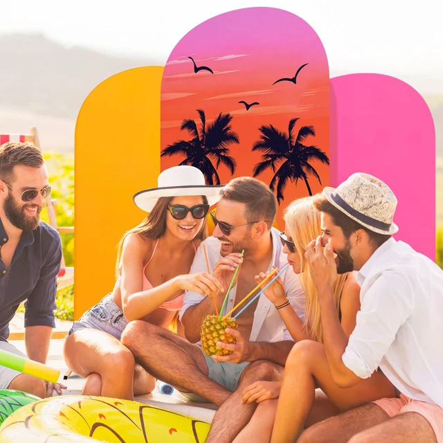 Alt view image 6 of 6 - Set of 3 Hawaii Arch Backdrop Cover, Orange, Rose Red, Sunset Sizes 4ft 5ft 6ft for Stands, Princess Beach Party Decorations, Fitted Spandex Stretch Fabric, Reusable Summer Setup