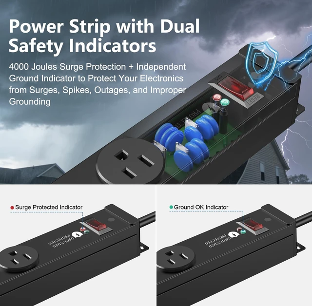 Alt view image 3 of 7 - 4000J Metal Heavy Duty Power Strip,15A/1875W,3 FT 6 Outlets flat extension cord, long wall mount Industrial Surge Protector for Garage, Workshop, Office
