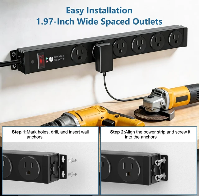 Alt view image 6 of 7 - 4000J Metal Heavy Duty Power Strip,15A/1875W,3 FT 6 Outlets flat extension cord, long wall mount Industrial Surge Protector for Garage, Workshop, Office