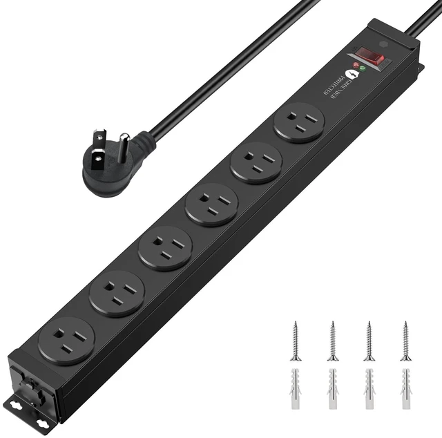 Main image of 4000J Metal Heavy Duty Power Strip,15A/1875W,3 FT 6 Outlets flat extension cord, long wall mount Industrial Surge Protector for Garage, Workshop, Office