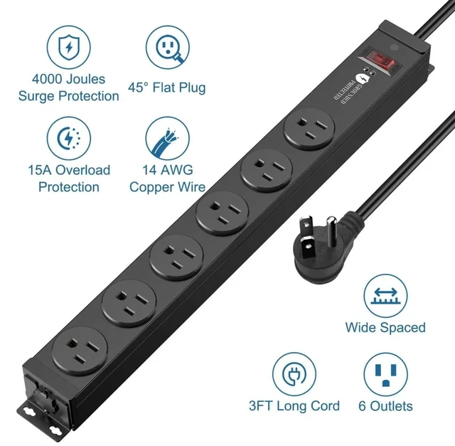 Alt view image 2 of 7 - 4000J Metal Heavy Duty Power Strip,15A/1875W,3 FT 6 Outlets flat extension cord, long wall mount Industrial Surge Protector for Garage, Workshop, Office