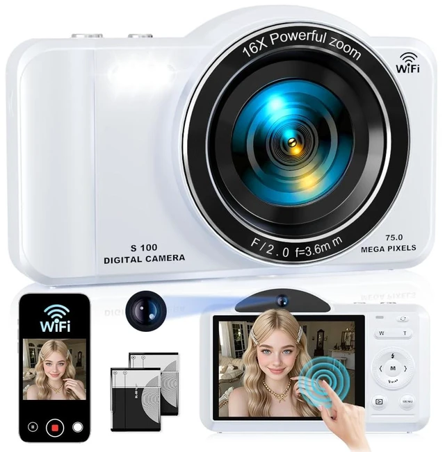 Main image of Digital Camera, 4K WiFi 75MP Dual Camera Point and Shoot Camera with Touchscreen and 16X Zoom, Autofocus Vlogging Cameras for YouTube and Travel, with 32GB Card for Kids, Teens, Beginners (White)