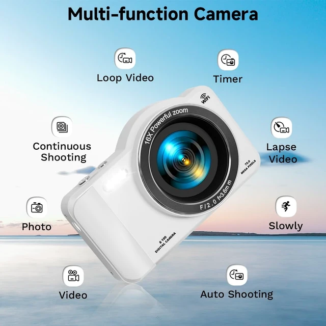 Alt view image 6 of 7 - Digital Camera, 4K WiFi 75MP Dual Camera Point and Shoot Camera with Touchscreen and 16X Zoom, Autofocus Vlogging Cameras for YouTube and Travel, with 32GB Card for Kids, Teens, Beginners (White)