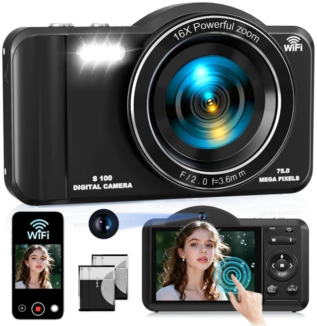 Main image of Digital Camera, 4K WiFi 75MP Compact Camera with Touchscreen 16X Zoom, Autofocus Vlogging Travel Camera, 32GB SD Card for Teens Boys Girls Beginners (Black)
