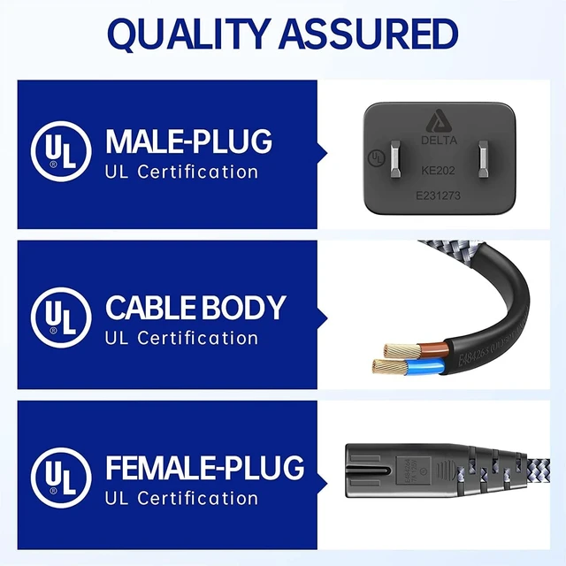 Alt view image 2 of 7 - Power Cord, Short 2 Prong Power Cable 16.4ft/5m AC Power Cable 7A 125V 18AWG Electric Adapter Cables 2 Pin Replacement Cable for PS5,PS4,PS3,Game Console,Printer,Monitor, Speaker, HDTV
