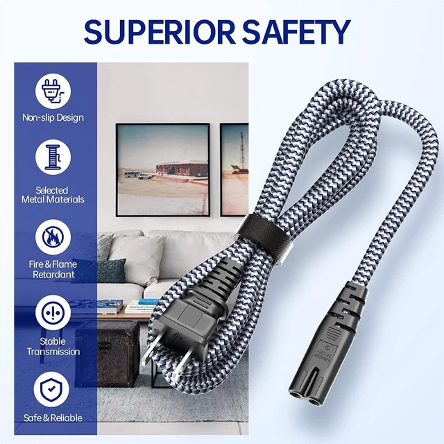 Alt view image 3 of 7 - Power Cord, Short 2 Prong Power Cable 16.4ft/5m AC Power Cable 7A 125V 18AWG Electric Adapter Cables 2 Pin Replacement Cable for PS5,PS4,PS3,Game Console,Printer,Monitor, Speaker, HDTV