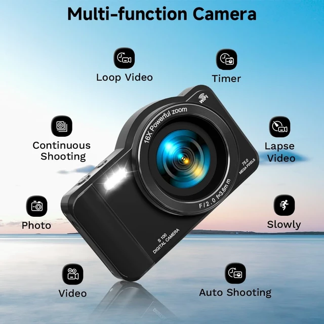 Alt view image 6 of 7 - Digital Camera, 4K WiFi 75MP Compact Camera with Touchscreen 16X Zoom, Autofocus Vlogging Travel Camera, 32GB SD Card for Teens Boys Girls Beginners (Black)
