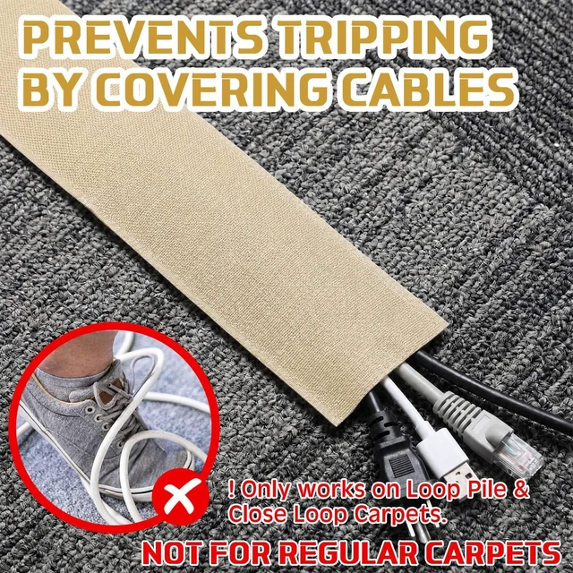 Alt view image 5 of 7 - Cord Cover for Carpet, 24.6 ft x 3 in Floor Cable Management Strip, Reusable Hook and Loop Cord Protector for Wires on Carpet, Cuttable Wire Hider for Office Desk Home, Khaki