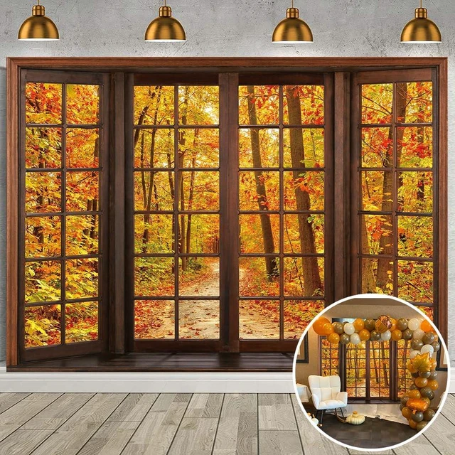 Main image of 8x6ft Fall Wooden Window Backdrop Autumn Forest Scene Photography Banner Window Photography Backdrop, Autumn Maple Leaves Banner, Fall Natural Scenery Background for Thanksgiving Party Supplies